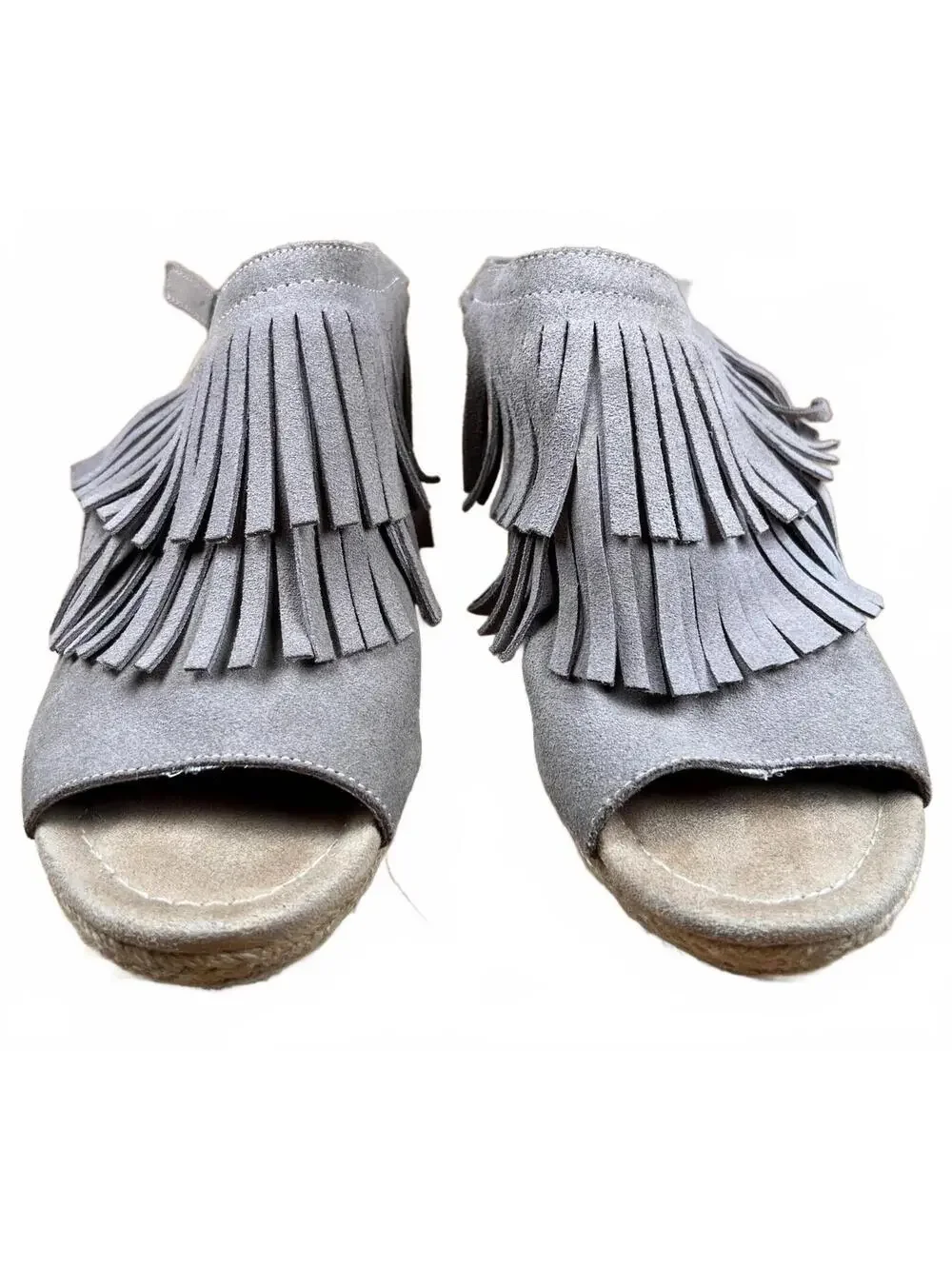 Women's Minnetonka Grey Suede Fringe Wedge Sandals Size 8